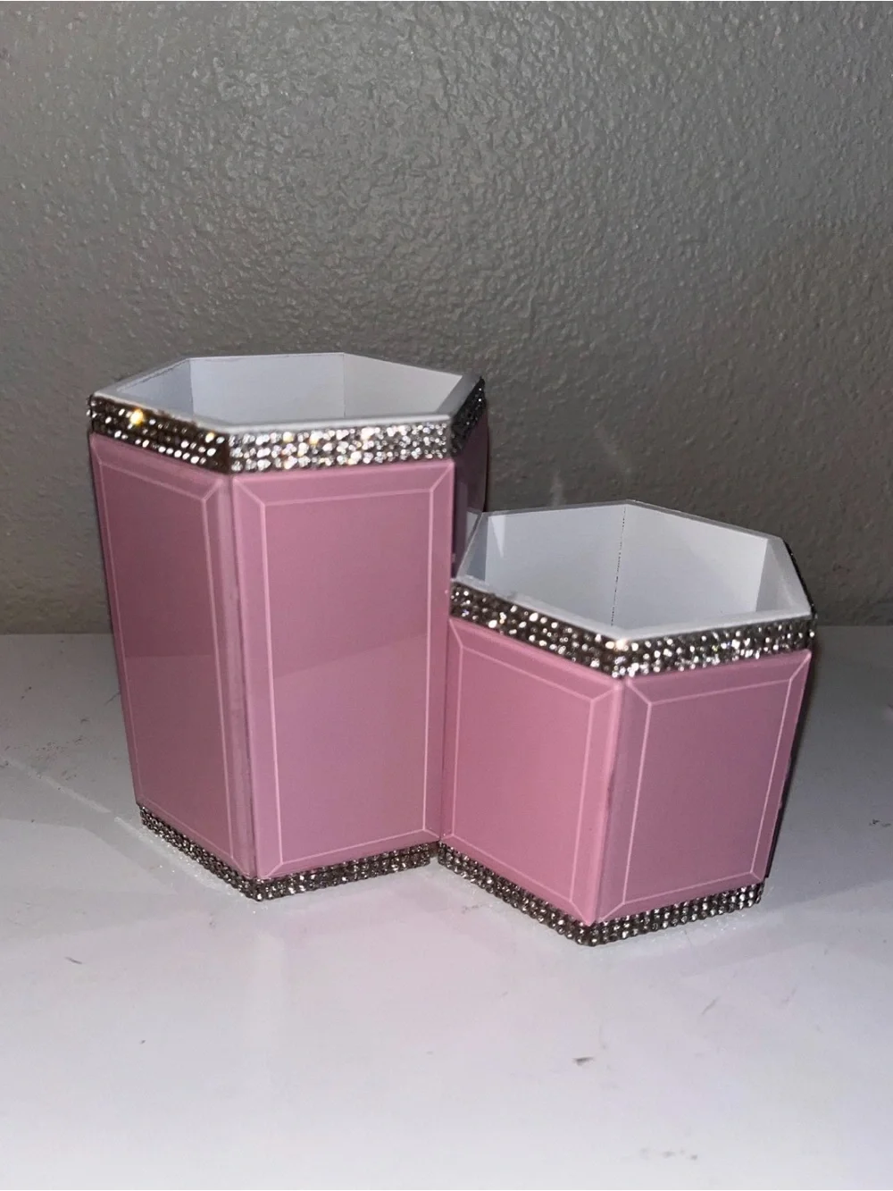 Pink Rhinestone Octagon Double Cup Makeup Brush or Desk Organizer
